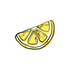 Lemon slice, citrus fruit, color illustration, isolated on white, contour line drawing, vector. Delicious, fresh, sour, bright, graphic element for decoration, label, design, cover. Flat design