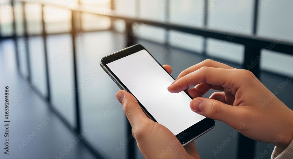 Poster smart interaction: a close-up shot of a hand interacting with a smartphone in a modern setting. the 