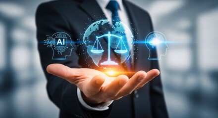 The Scales of Justice: A depiction of justice, balancing the scales of law. A man holds a holographic representation of the scales of justice, symbolizing fairness, and the rule of law.