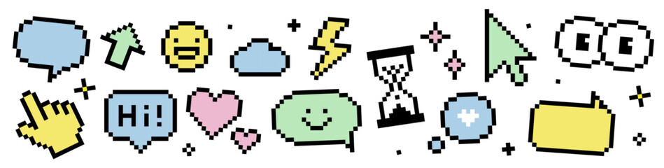 Obraz premium colorful pixel icons and speech bubbles vector set 