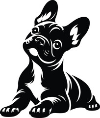French Bulldog Sitting with Head Tilt – Playful Black and White Vector Silhouette
