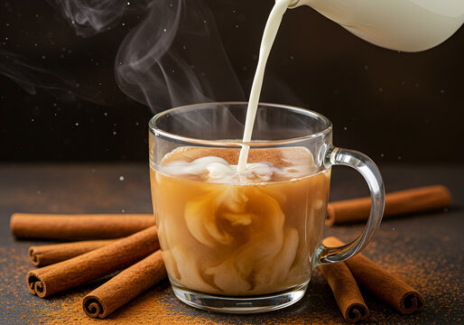 Chai Tea in Glass Mug with Milk Pouring Surrounded by Cinnamon Sticks