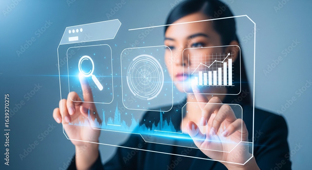 Poster digital interface interaction: a focused woman interacts with a futuristic digital interface.