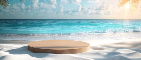 empty podium on a sandy beach with space for product promotion and advertisement