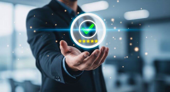 Excellence in Service: A professional hand presenting a holographic symbol of superior service, complete with a checkmark and five stars.