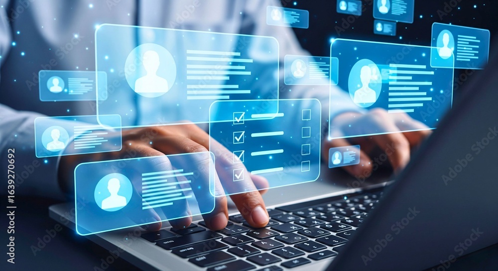 Poster technology at work: a close-up shot showcases a person's hands skillfully navigating a laptop keyboa