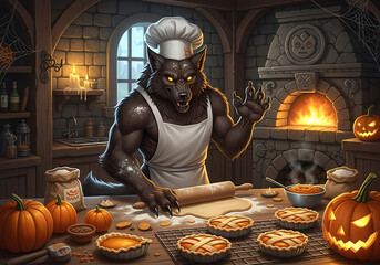 A werewolf baker in a kitchen preparing pumpkin pies for halloween with a stone oven behind him