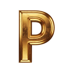 Golden uppercase letter P, three-dimensional, ornate design, isolated on white.