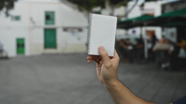 Male hand holding notebook at outdoor coffee terrace in city street with blurred background, suggesting a casual setting.