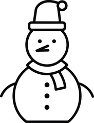 Simple snowman silhouette wearing a hat and scarf isolated on white background