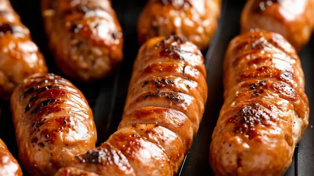 Delicious grilled sausages cooking on barbecue grill illing the air with mouthwatering aromas.