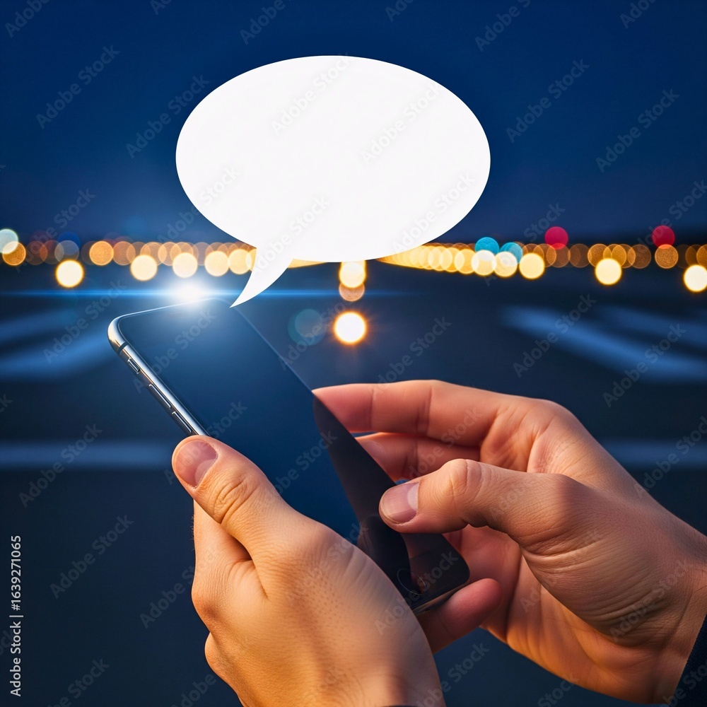 Poster digital dialogue: a close-up shot captures the hands of a user engrossed in a modern smartphone, the