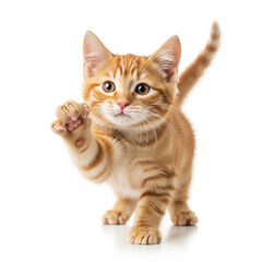 Obraz premium Playful Orange Kitten with Whiskers Pawing Indoors - Adorable Domestic Feline Companion