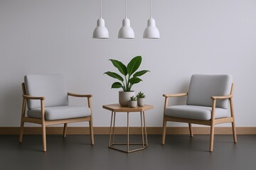 Modern Living Room Arrangement Featuring Two Comfortable Armchairs and a Hexagonal Side Table with Potted Plants