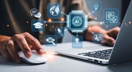 Exploring AI Technology : A user interacts with a laptop, illustrating concepts of artificial intelligence and innovative technology through connected graphic symbols.