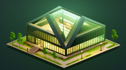 Isometric cultural center with angular design and recessed lighting, on forest green solid background, high detail with a natural lighting scheme .