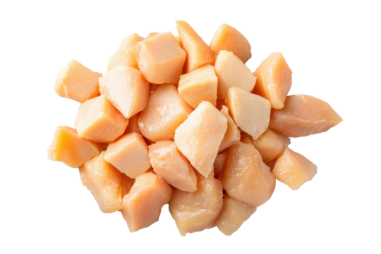 Cooked chicken breast cubes arranged neatly on a transparent tray ready for meal preparation or serving at a culinary event