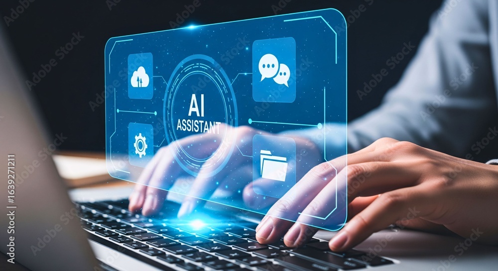 Aufkleber ai assistant technology at work: a close-up view showcases a person interacting with a virtual ai as