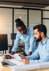 Collaboration and Consultation: Two focused professionals, immersed in a focused discussion, examining blueprints in a modern office, fostering creativity and innovation.