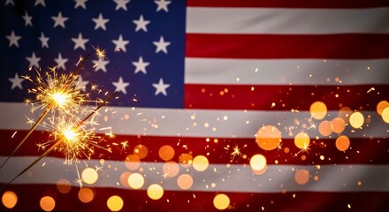 Sparkler on American Flag: Celebrating patriotic fervor and joyous Independence Day or similar occasions. Sparks illuminate the stars and stripes, fostering a celebratory ambiance