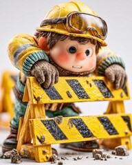 Tiny Worker in Construction: A diminutive construction worker figure, complete with yellow hard hat and safety vest, is holding a barrier. It's a whimsical illustration of industry