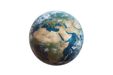 Earth globe with detailed continents and ocean depiction floating on a transparent background featuring realistic land and water colors showcasing a global view