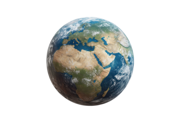 Earth globe with detailed continents and ocean depiction floating on a transparent background featuring realistic land and water colors showcasing a global view