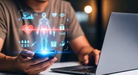 Digital Health Check: A person examines health metrics on a smart device, juxtaposed with a holographic representation, reflecting the modern approach to wellbeing.