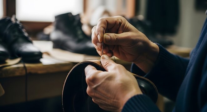 Close-up of hands meticulously stitching leather, crafting a shoe in a workshop.