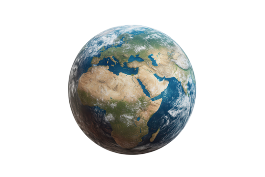 Earth globe with detailed continents and ocean depiction floating on a transparent background featuring realistic land and water colors showcasing a global view