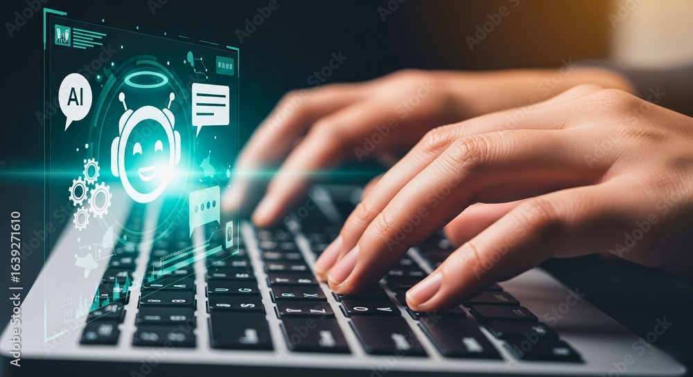 Poster ai interaction: a close-up shot of hands typing on a laptop keyboard with a bright artificial intell
