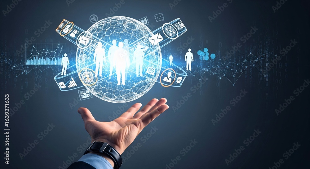 Poster global networking in hand: a person's open hand cradles a glowing globe encompassed by interconnecte