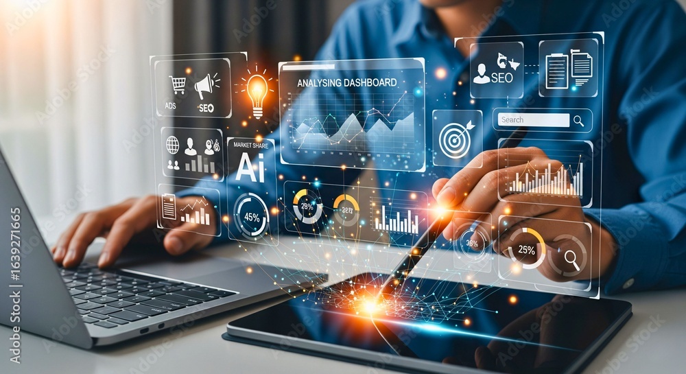 Poster digital business integration: a close-up captures a modern business professional engrossed in analyz