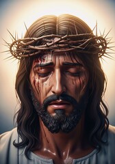 Sacred Sorrow: A poignant portrait of a religious figure, bearing a crown of thorns, with a melancholic gaze. The artwork evokes deep emotion and reflects on themes of faith and sacrifice.