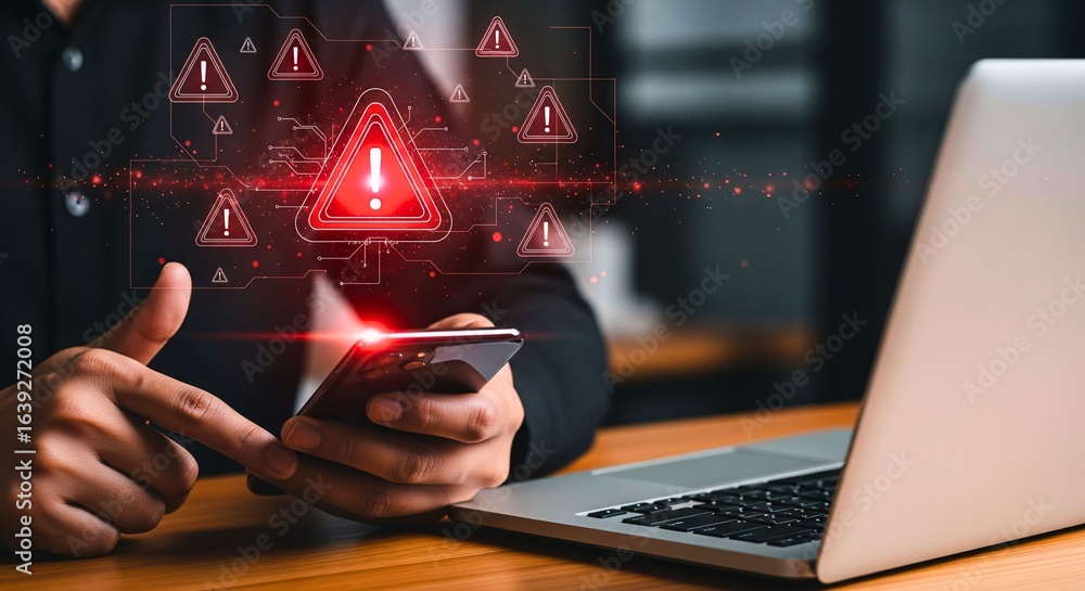 Poster cybersecurity alert: an individual's digital interaction triggers a cybersecurity warning. represent