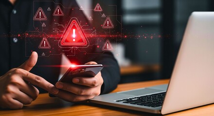Cybersecurity Alert: An individual's digital interaction triggers a cybersecurity warning. Representing the crucial role of protecting information in digital age. 