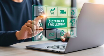 Sustainable Procurement Digital Interface: A close-up shot of a person's hand touching an interactive screen displaying a Sustainable Procurement interface. The scene represents digital innovation.