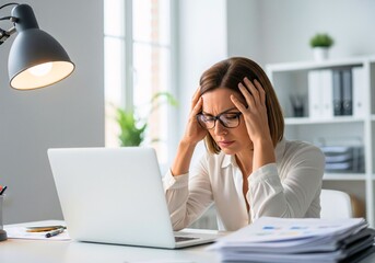 Stressed Businesswoman: A businesswoman, grappling with a demanding workload, sits at her desk, her brow furrowed with the weight of stress and pressure.