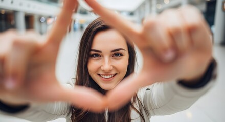 A cheerful young woman smiles at the camera while making a frame gesture with her hands.