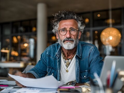 A mature man with glasses and denim shirt thoughtfully reviews documents at his well lit home office desk.