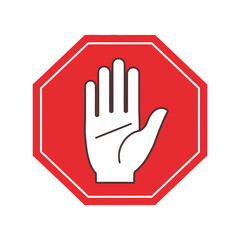 Bold red stop sign with hand icon indicating halt or restriction for safety, regulations, and warnings against danger