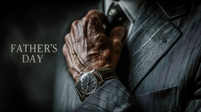 Elegant father in a dark suit adjusting his watch in smoky light