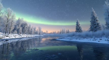 Fototapeta premium Winter river aurora landscape