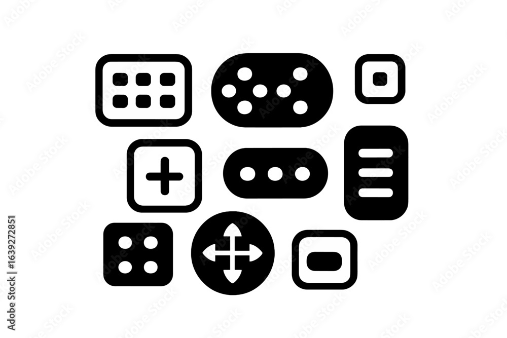 Poster collection of black and white shapes depicting various buttons on a digital interface for user inter