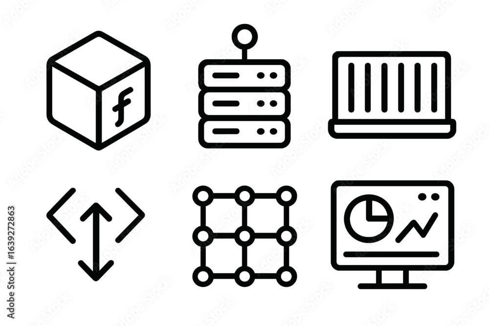 Poster visual representation of digital technology components for web development and data analysis