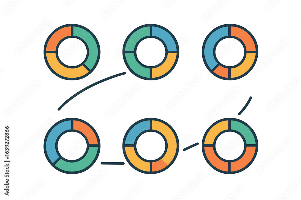 Poster colorful circular designs showing diverse patterns and configurations arranged in a creative layout