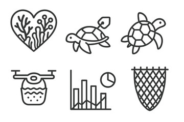 Coastal conservation symbols featuring heart coral, sea turtles, drone, and graphs in a creative layout