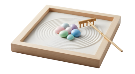 Mini sand garden with rake and pastel stones, isolated on white background