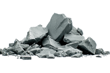 Pile of broken grey rocks scattered across a flat surface in a minimalistic setting showcasing their texture and form