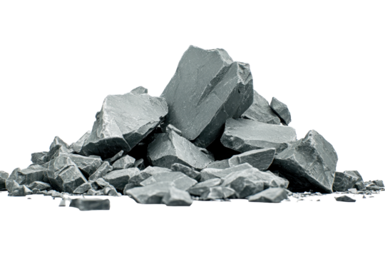 Pile of broken grey rocks scattered across a flat surface in a minimalistic setting showcasing their texture and form